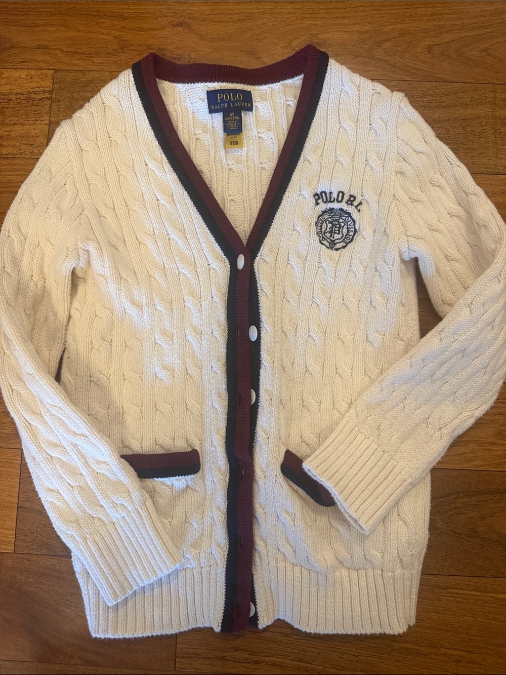 Polo by Ralph Lauren Cream Cable Knit Cardigan with Burgundy Trim